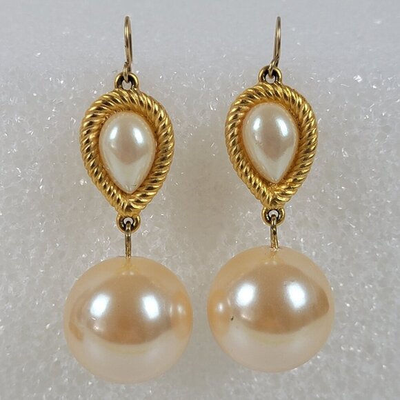 Givenchy Gold-Tone Cream Faux Pearl Dangle Earrings 2 In  21mm - Picture 1 of 6